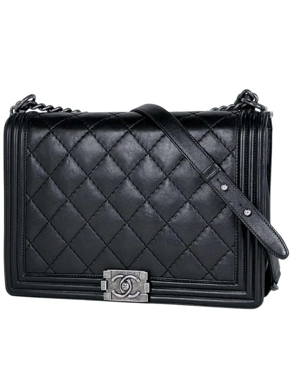 Chanel Shoulder Bag Boy CC Logo Leather Black